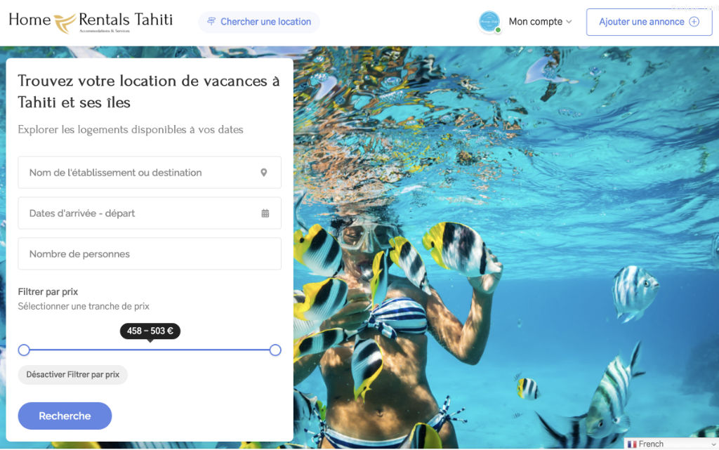 Capture du site Home Rentals Tahiti, locations saisonnières, pensions de famille et Hôtels à Tahiti